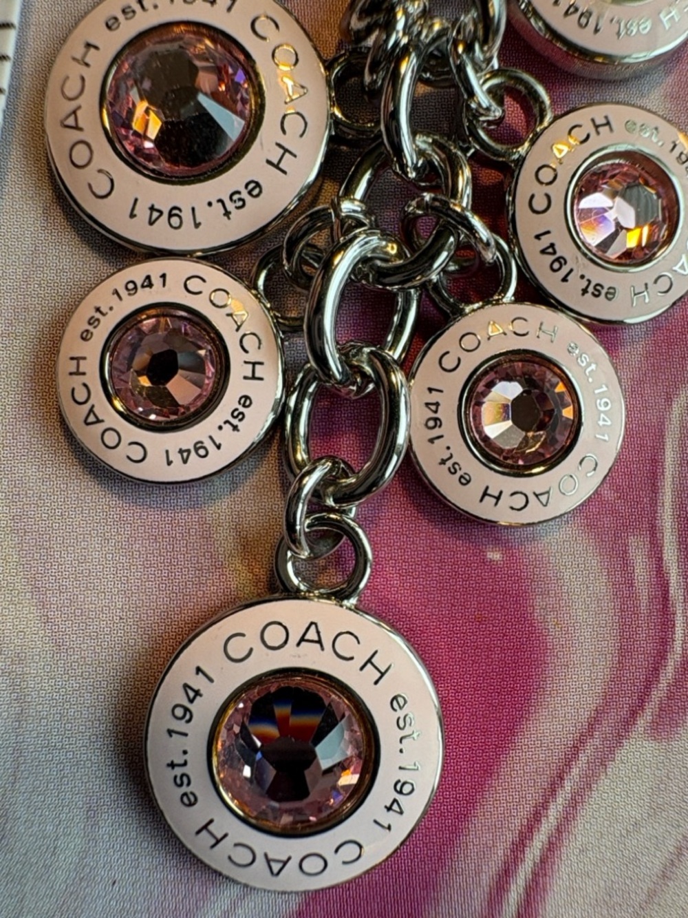 COACH Pink and Silver Logo Charm Keyring - Picture 6 of 7